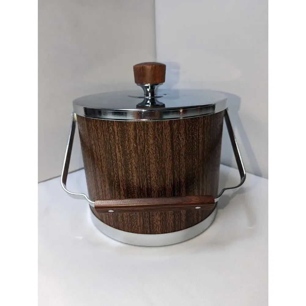 MCM ice bucket Made‎ In USA Chrome and Wood Look.